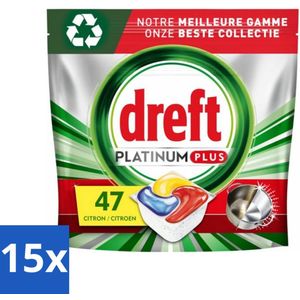 15 x Dreft Platinum Plus - All In One - Vaatwascapsules - Anti-Matt Technologie - Citroen - 47 Afwasbeurten - Vaatwasmiddel - Vaatwascapsules - Vaatwasser - Reinigingscapsules - Vaat Reinigen