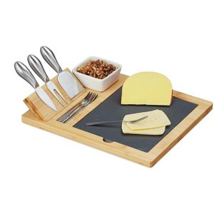 Kaasplank met leistenen plankje en kaasbestek - serveervork schaal - bamboe borrelplank - natuur/zwart Cheeseboard