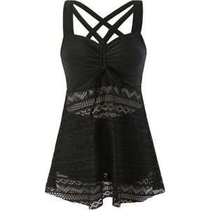 Grote maat Plus Vrouwen Elagant Tankini Top Kant Rugloos Tweedelig Zwempak voor Afslanken in Effen met Borstkussentje zonder Steel Support