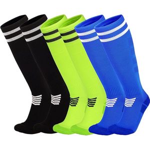 Gripsokken voetbal-voetbalsokken-gripsokken-3 paar Voetbalsokken - Kniekousen voor jongeren - Hardloopsokken voor meisjes - Blauw, Zwart, Fluorescerend -L- 20x9,75x2,4cm