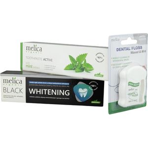 3x MELICA ORGANIC Biologische TANDPASTA- en FLOS SET 98% Natuurlijke WHITENING BLACK CHARCOAL HOUTSKOOL voor WITTE Tanden en Actieve MUNT WITTE TANDPASTA met XYLITOL, CITRUSOLIE en CALCIUM zonder Fluoride 200ml + Waxed & Mint Floss 50m