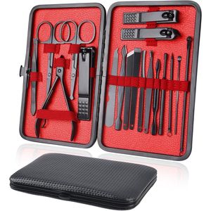 Nagelknipperset - Professionele Manicure Set - 18-delig Draagbare Nagelknipper Pedicure Set & Wenkbrauw Verzorgingsset - Roestvrij Staal Nagelverzorgingsgereedschap - Met Luxe Lederen Etui (zwart)