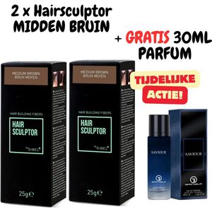 HAIR SCULPTOR 2 X MIDDEN BRUIN HAIR BUILDING FIBERS 25GR + 30ML GRATIS PARFUM
