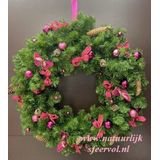 Kerstkrans kunst - 80 cm - met stroomverlichting - fuchsia