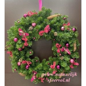 Kerstkrans kunst - 80 cm - met stroomverlichting - fuchsia