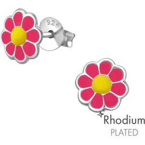 Joy|S - Zilveren bloem oorbellen - madeliefje - 6.8 mm - roze geel - rhodium / gehodineerd - kinderoorbellen