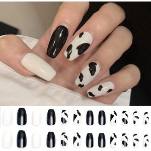 Gsedaox-Plaknagels French Manicure- Zelfklevende Plaknagels- Nepnagels-Koeienprintontwerp-Zwart wit