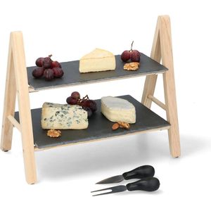 Alpina Borrelplank - 2-Laags Etagère - Leisteen en Hout
