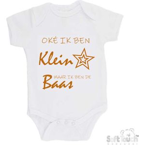 100% katoenen Romper ""Oke ik ben klein maar ik ben de baas"" Unisex Katoen Wit/tan Maat 62/68