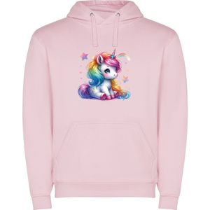 Zacht Roze unisex hoodie met “ Kleurrijke Te Schattige Zittende Eenhoorn met kleine regenboog “ Print Full merk Roly maat 128 7/8 jaar