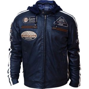 Urban 5884 - Fifty Eight - Heren Motorjas - Lams Leer- Donkerblauw - Afritsbare Hoodie - Maat 3XL