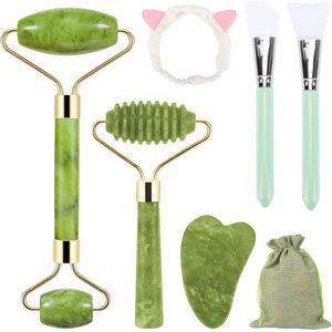 Gua Sha Face Roller Set - 7-Piece Skin Care Set - Jade Roller and Scraper - Face Massage Tool for Anti-Ageing - Pink Spa Accessory Gift for Women