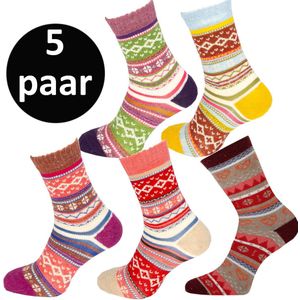 Teckel - 5 paar - Warme Wollen Winter Sokken - Noorse print - Maat 36/42 - Dames - Geel/Beige/L.Paars/D.Paars/Rood - Cadeau tip tijdens feestdagen