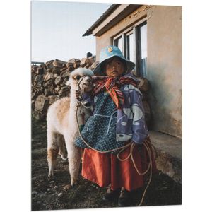 Vlag - Meisje met Alpaca bij Houtstapel - 70x105 cm Foto op Polyester Vlag