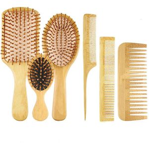 6-in-1 Bamboe Haarverzorgingsset - Antistatische Bamboe Borstel en Kam - Luchtkussen Massageborstel voor Hoofdmassage - Geschikt voor Mannen en Vrouwen - Natuurlijk Houten Handvat - 6-delig