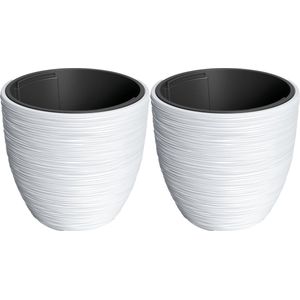 Prosperplast Plantenpot/bloempot Furu Stripes - 2x - buiten/binnen - kunststof - wit - D30 x H30 cm - Met binnenpot