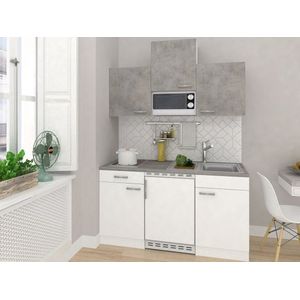 Goedkope keuken 150  cm - complete kleine keuken met apparatuur Malia - Wit/Beton - keramische kookplaat  - koelkast  - magnetron - mini keuken - compacte keuken - keukenblok met apparatuur