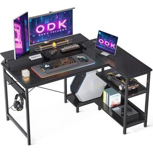 L-vormig zwart hoekbureau met plank - Gamingtafel en computertafel voor thuiskantoor - 120 x 80 x 88 cm