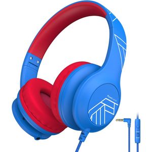PowerLocus PLED Wired Kinder Koptelefoon met Draad - Koptelefoon voor kinderen - Veilig volume van 85dB en 94dB - Hoofdtelefoon - Met microfoon - Sharing Audio Functie - Blauw/Rood
