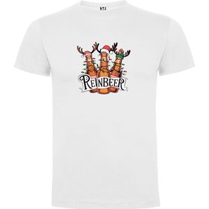 Wit T-Shirt met “Reinbeer - Kerst - Bier“ Print Full Color Maat S