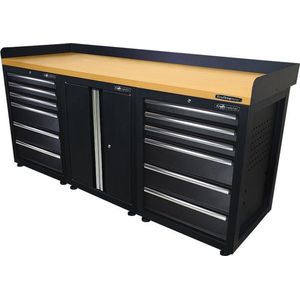 Kraftmeister werkbank 200 cm - Werktafel met 12 laden, 1 opbergkast en MDF werkblad - Zwart