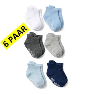Actie4you® - Baby Sokken met Antislip Zool – Maat 21 tot 24 (1-3 jaar) – 6 Paar – Jongens – Enkel sokjes – Blauwe mix