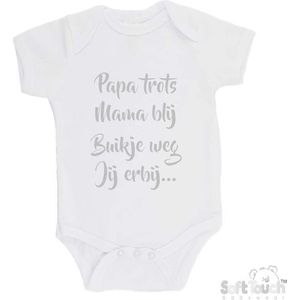 100% katoenen Romper ""Papa trots Mama blij Buikje weg Jij erbij..."""" Jongens Katoen Wit/zilver shiny Maat 56/62