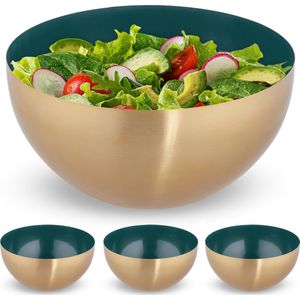 Relaxdays 4x saladeschaal - 3,5 liter - groen-goud - slakom - mengkom - Ø 25cm - rvs