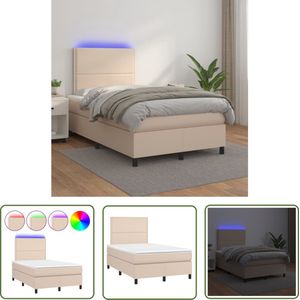 The Living Store Boxspring met matras en LED kunstleer cappuccinokleur 120x200cm - Boxspring - Kapstok - Lederlook - Bruine Bank - Tweepersoonsbed
