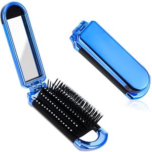1 stuk - Draagbare opvouwbare kam - Mini reis haarkam met spiegel - Kunststof kam - Airbag massagekam - Geschikt om mee te nemen - Blauw