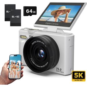Nexino® Digitale Camera 5K - 75MP - Fototoestel - Compact Camera - Vlog Camera - Voor Kinderen - Wifi & App - Klapscherm - Incl. 64GB