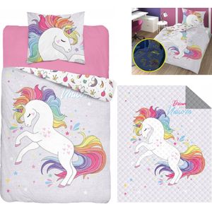 Dekbedovertrek Unicorn- Glow in the Dark- 140x200- Katoen- incl. warm Bedsprei- 170x210 Eenhoorn