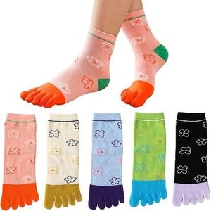5 Paar - Sokken - Sokken Dames - Premium Katoen Normale Sokken - katoenen teensokken - bloem patroon - Zwart, wit, blauw, groen, oranje - Maat 36-41