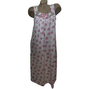 Dames katoenen nachthemd mouwloos met bloemenprint L wit-roze