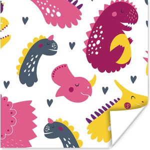 Poster kids - Dino - Patronen - Kind - Roze - Meisjes - Wanddecoratie meisjes - Decoratie voor kinderkamers - 75x75 cm - Slaapkamer decoratie