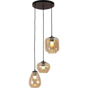 Olucia Caia - Moderne Hanglamp - 3L - Glas/Metaal - Amber;Zwart - Rond - 43 cm