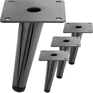 PrimeMatik - Set van 4 meubelpoten met conische vorm en antislip bescherming 12cm zwart metallic kleur