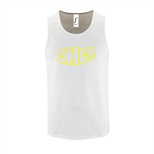 Witte Tanktop sportshirt met ""OMG!' (O my God)"" Print Neon Geel Size L