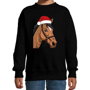 Bellatio Decorations Kersttrui / sweater boerderijdieren - kinderen - Paard - zwart - kerstmuts - Kerstmis 98/104