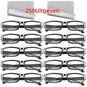 10 x Ultralichte zwarte bril met montuur voor ouderdomsverziendheid - 250 graden bijziendheid - Leesbril - Visuele hulpmiddelen - Filters voor blauw licht
