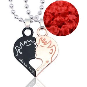 Zoenend Hartjes Ketting Set + Rozenblaadjes = Valentijn Cadeautje voor Hem en Haar - Valentijnsdag voor Mannen Cadeau Kadootjes