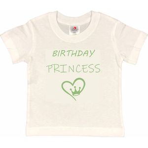 T-shirt Kinderen ""Birthday Princess"" | korte mouw | Wit/sage green/salie groen | maat 98/104 Verjaardag Meisjes Prinses