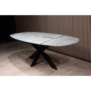 Blue Roma kwartsiet eettafel Deens ovaal 240x100 cm - luxe natuurstenen tafel - marmer design - grote eettafel voor 8-10 personen - duurzaam - blauwgrijze tafel met gouden accenten -moderne ovale eetkamertafel-uniek kwartsiet meubel