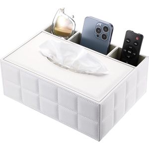 PU Lederen Rechthoekige Tissue Box Met Afstandsbediening Opbergdoos - Bureau Tissue Houder Organizer - Wit