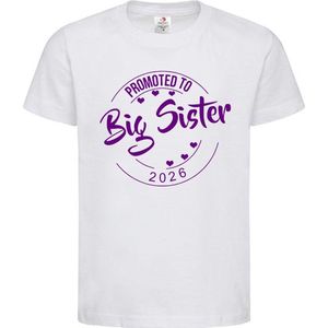 Shirt Aankondiging zwangerschap Promoted to Big Sister 2026 | korte mouw | wit/paars | maat 134/140 zwangerschap aankondiging bekendmaking Baby big sis sister Grote Zus