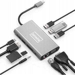 Zenwire BYL-2010N - HUB 11in1 - USB-C 3.1/ Thunderbolt 3.0 - Adapter HDMI 4K VGA Mini Jack - SD-kaartlezer - Gigabit Ethernet 1000 Mbps RJ45 - 3xUSB 3.0 voor Macbook -