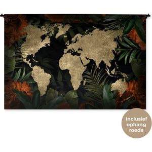 Wandkleed WereldkaartenKerst illustraties - Zandkleurige wereldkaart met structuurpatroon en oranje bloemen en tropische bladeren Wandkleed katoen 180x120 cm - Wandtapijt met foto