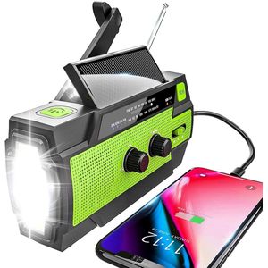 Noodradio Solar Opwindbaar en Batterij - Opwindbare Radio - Draagbare Noodradio - DAB Solar - Dynamo Radio - Noodpakket - Survival Radio - Bouwradio - Noodrantsoen - Powerbank Zonne-energie & Oplaadbare Zaklamp - 4000 mAh - Groen