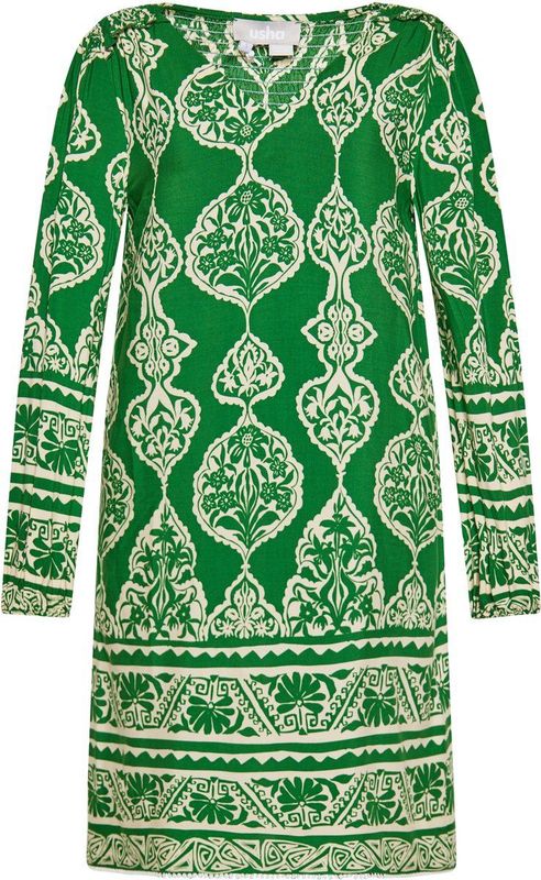 usha - Midi-jurk - Viscose - Symmetrisch Botanisch Motief - Lange Mouwen - V-hals