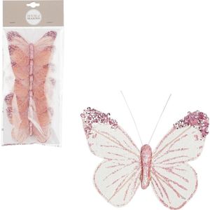 House of Seasons kerstboomversiering vlinders op clip - 6x st- roze/wit - 10 cm